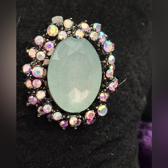 Clip On Earrings Blue Glass & Aurora Borealis Crystals Gun Metal Oval 1’ 3373 B - Picture 9 of 10